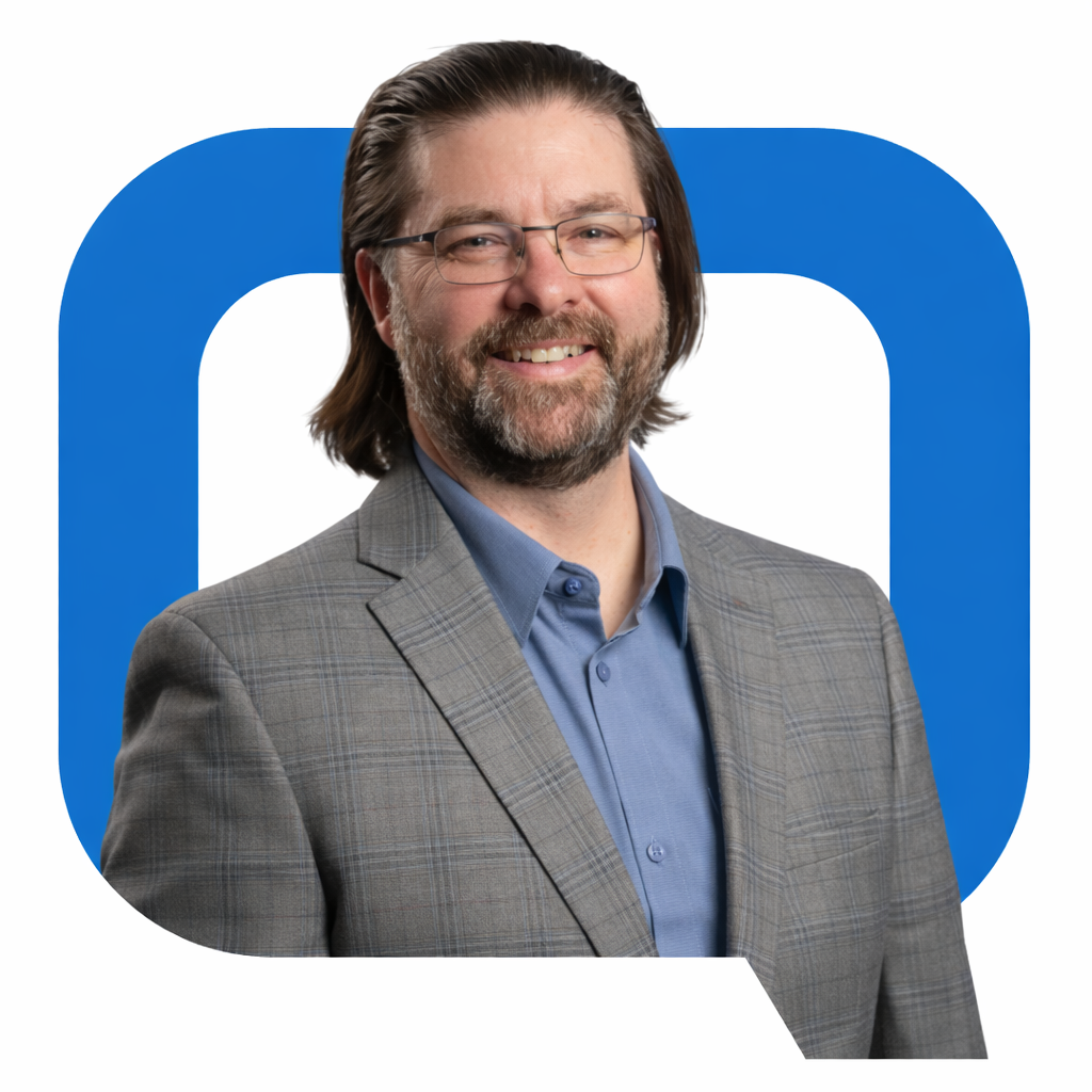 Michael smiling inside blue Q shape